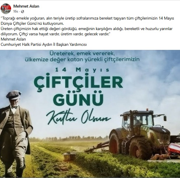 CHP Aydın İl Başkan Yardımcısı Mehmet Aslan’dan Çiftçiler Günü Mesajı